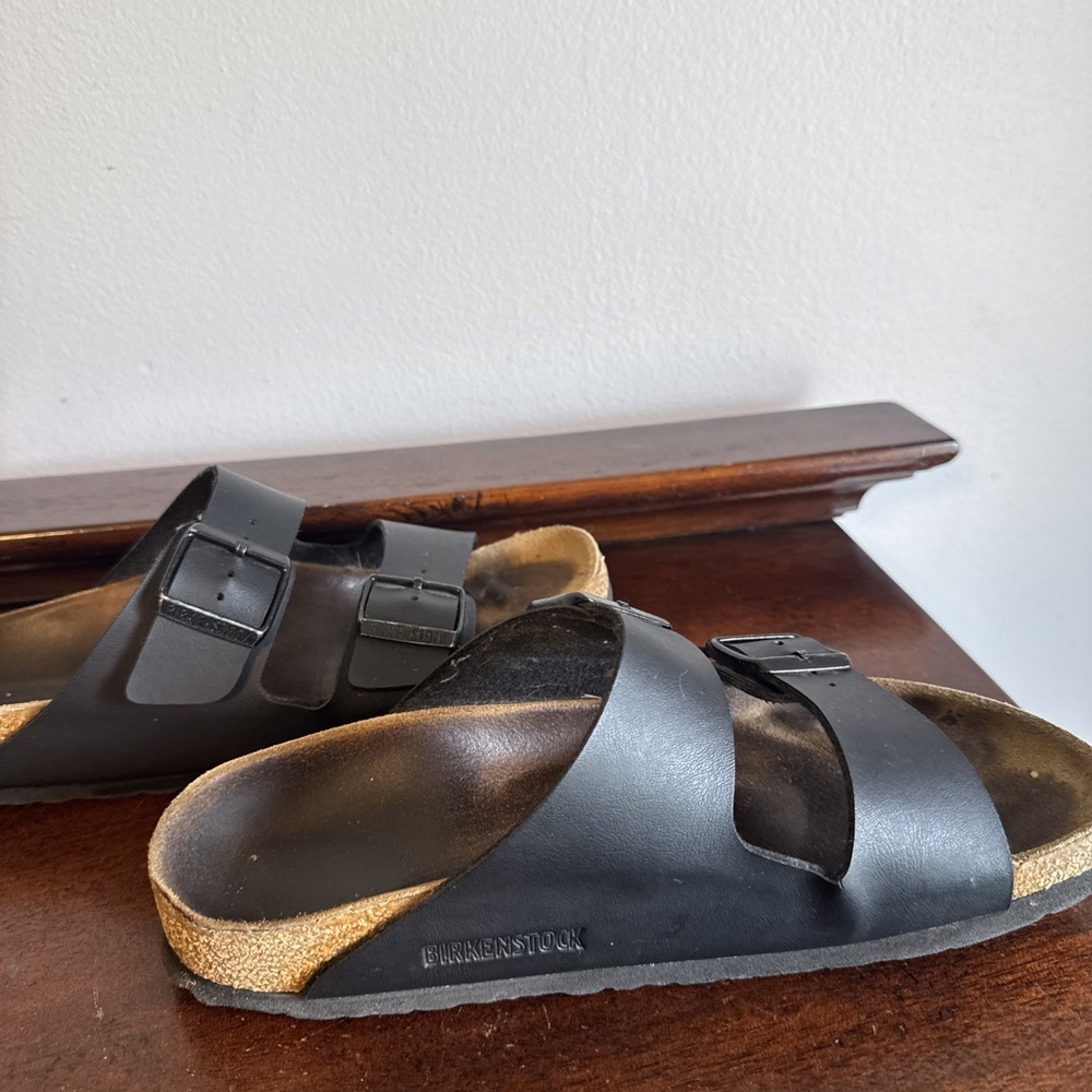Size 40 Birkenstock Arizona Sandals Black Leather Double Strap Cork Footbed - Picture 4 of 14